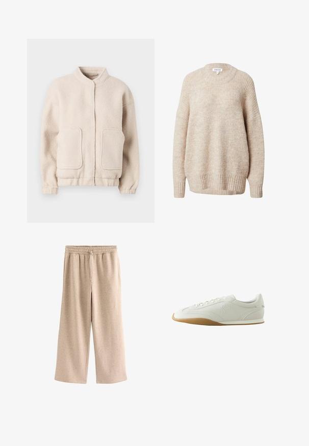 Beige fleece jack met een hoge kraag, twee voorzakken en elastische manchetten. Zachte textuur met een boxy silhouette en minimale details.; Beige gebreide trui met een ronde hals, verlaagde schouders en geribbelde manchetten en zoom. Heeft een gestructureerde, licht losse pasvorm.; Beige broek met wijde pijpen, een elastische tailleband en een koordje, gemaakt van een zachte, gevlekte stof.; Witte lage sneaker met bruine rubberen zool, stikseldetails, veterluiting aan de voorkant en geborduurd logo aan de zijkant.