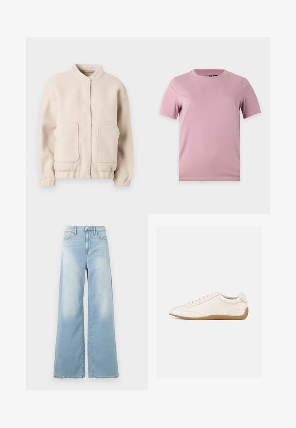 Beige fleecejakke med høj krave, to forlommer og elastiske manchetter. Blød tekstur med en boxy silhuet og minimal detaljering.; Enkelt kortærmet blød lyserød bomulds-t-shirt med rund hals, vist på en flad lysgrå baggrund.; Lyseblå jeans med vide ben og høj talje, forrest med knapper og lommer, vist mod en hvid baggrund.; Hvid lædersneaker med en glat tekstur, rund tå og tonale syninger. Har en tanfarvet gummisål og snørebånds-lukning.