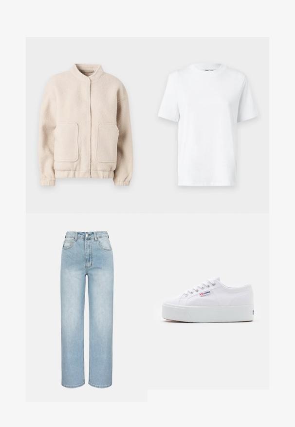 Beige fleecejakke med høj krave, to forlommer og elastiske manchetter. Blød tekstur med en boxy silhuet og minimal detaljering.; Hvid bomulds T-shirt med rund hals, kortærmet og en glat tekstur. Designet med en afslappet pasform for komfort og alsidighed.; Lyseblå jeans med høj talje og lige ben, foran med knapper, lynlås, bæltestropper og fem-lomme-design på en ensfarvet baggrund.; Hvide canvas sneakers med en tyk hvid platformssål, rund tå og metaløjelets til snørebånd. Mærkets logo præsenteret på siden.