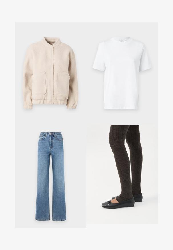 Beige fleecejakke med høj krave, to forlommer og elastiske manchetter. Blød tekstur med en boxy silhuet og minimal detaljering.; Hvid bomulds T-shirt med rund hals, kortærmet og en glat tekstur. Designet med en afslappet pasform for komfort og alsidighed.; Lyseblå denim bredbenede bukser med høj talje, featuring en knaplukning, fire lommer og en ren kant med subtil blegning.; Ben iført mørke ribbede leggings kombineret med sorte balletsko med små sløjfedetaljer på hvid baggrund.