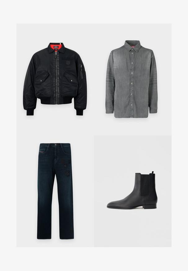 Veste bomber noire avec fermeture éclair, dotée d'une doublure intérieure rouge, de deux poches avant et d'une poche latérale. Tissu texturé avec une finition mate.; Chemise grise à boutons, fabriquée en tissu texturé, avec un col pointu et une fermeture à boutons sur le devant avec des détails de couture visibles.; Jean droit en denim foncé avec un léger délavage, présentant des patchs décoratifs noirs, des coutures bleues et des poches avant.; Botte Chelsea en cuir noir avec panneaux latéraux élastiques et petit talon empilé, vue de profil sur un fond clair uni.