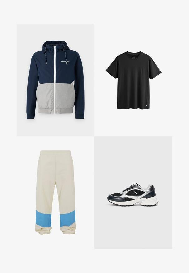 Chubasquero en navy y gris con cremallera frontal, capucha ajustable y logo "JACK&JONES"; presenta una textura suave y bloques de color contrastantes.; Camiseta deportiva negra de manga corta con cuello redondo, con logos sutiles en las mangas y el dobladillo inferior, talla mediana.; Pantalones beige con una amplia franja azul cerca del dobladillo. Hechos de una tela suave, con una cintura elástica y un ajuste relajado.; Zapatilla deportiva negra y plateada con parte superior de malla y sintético, acentos texturizados, entresuela blanca gruesa y suela exterior negra de goma. Presenta logo.