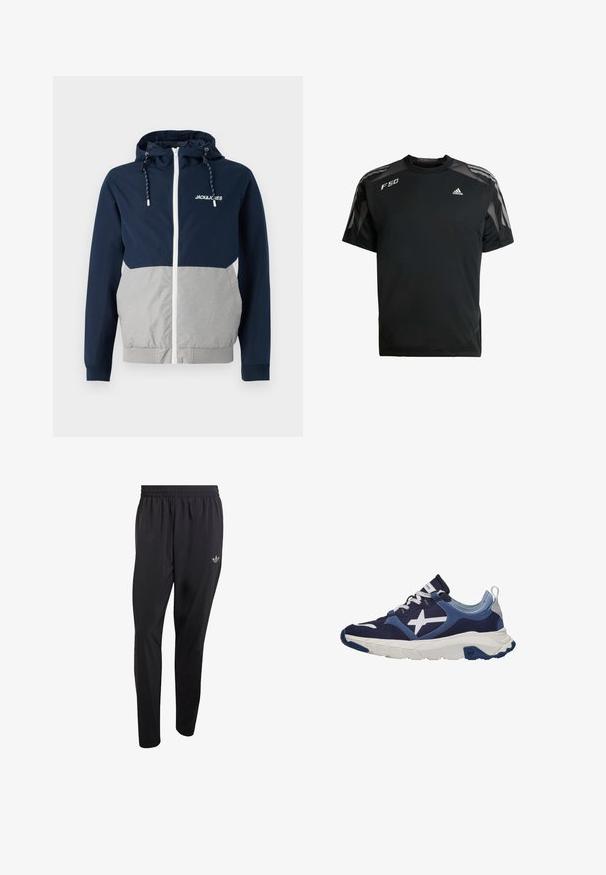 Chubasquero en navy y gris con cremallera frontal, capucha ajustable y logo "JACK&JONES"; presenta una textura suave y bloques de color contrastantes.; Camiseta deportiva negra hecha de un tejido ligero, con paneles de malla en los hombros, mangas cortas y logotipos blancos de adidas y F50.; Pantalones deportivos negros hechos de material ligero, con una cintura elástica y un pequeño logo en relieve en la parte superior del muslo izquierdo.; Zapatillas deportivas en navy y azul claro, fabricadas con material de ante y malla, con acentos en blanco, suela texturizada y una pestaña en el talón de color verde.