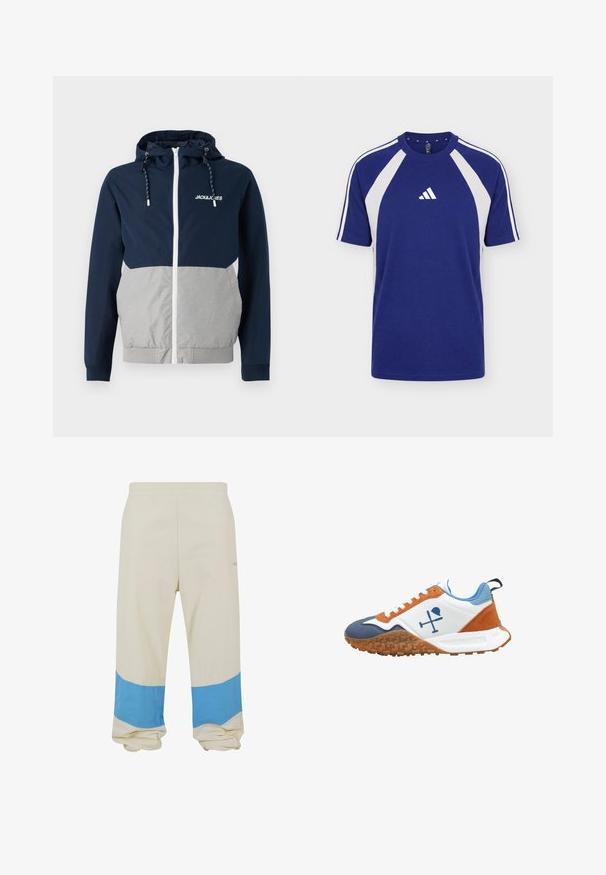 Chubasquero en navy y gris con cremallera frontal, capucha ajustable y logo "JACK&JONES"; presenta una textura suave y bloques de color contrastantes.; Camiseta deportiva azul y blanca de manga corta con cuello redondo y logo de Adidas en el centro delantero.; Pantalones beige con una amplia franja azul cerca del dobladillo. Hechos de una tela suave, con una cintura elástica y un ajuste relajado.; Zapatilla blanca con acentos en naranja, azul y marrón, suela de goma, diseño con cordones y un logo de mazo de polo cruzado y casco en el lateral.