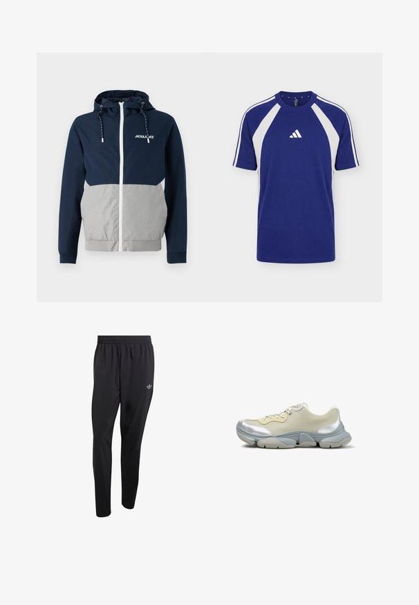 Chubasquero en navy y gris con cremallera frontal, capucha ajustable y logo "JACK&JONES"; presenta una textura suave y bloques de color contrastantes.; Camiseta deportiva azul y blanca de manga corta con cuello redondo y logo de Adidas en el centro delantero.; Pantalones deportivos negros hechos de material ligero, con una cintura elástica y un pequeño logo en relieve en la parte superior del muslo izquierdo.; Zapatilla baja en beige y plateado con suela gruesa y cordones delanteros, mostrada de perfil sobre fondo blanco.
