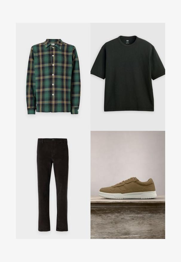 Camisa de franela verde con patrón de cuadros en negro y amarillo, de manga larga, con cuello y cierre frontal de botones. Presenta botones blancos y una etiqueta.; Camiseta negra de manga corta y cuello redondo con un corte holgado, mostrada sobre un fondo plano de color gris claro.; Pantalones de pana negra con un diseño de pierna recta, que presentan un cierre de botón único y una textura sutil. Estilo minimalista sin patrones visibles.; Zapatilla marrón con suela blanca flotando sobre un banco de madera, con hierba y plantas altas en el fondo borroso.