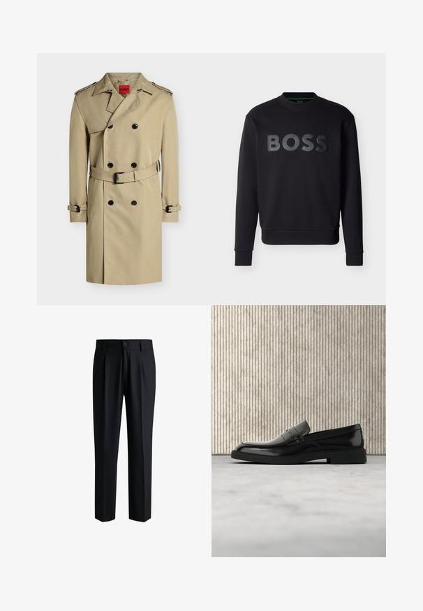 Trench-coat beige croisé avec boutons noirs, épaulettes, ceinture à la taille et aux poignets, présenté sur fond blanc.; Sweatshirt noir à manches longues avec col rond, logo BOSS noir en relief centré sur le devant, manches et ourlet côtelés.; Pantalons noirs en tissu lisse, avec une coupe droite, des plis à l'avant et une fermeture à bouton avec passants de ceinture.; Mocassin en cuir noir poli flottant au-dessus d'un tapis beige avec un mobilier translucide orange en arrière-plan.