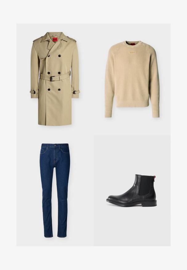 Μπεζ διπλόμπερτο παλτό trench coat με μαύρα κουμπιά, επωμίδες στους ώμους, ζώνη στη μέση και μανσέτες, εμφανίζεται σε λευκό φόντο.; Μπεζ πλεκτό πουλόβερ με υφή, μακριά μανίκια, ριμπ μανσέτες και τελείωμα, και ένα μικρό ορθογώνιο λογότυπο στο στήθος.; Σκούρο μπλε τζιν με στενή γραμμή, σχεδίαση με πέντε τσέπες, ορατή ραφή και κλείσιμο με κουμπί στη μέση. Λεία υφή.; Μαύρη δερμάτινη μπότες Chelsea με ελαστικές πλευρικές πάνελ, στρογγυλή μύτη και χαμηλό σωριασμένο τακούνι. Διαθέτει κόκκινο χερούλι και διακριτική σήμανση στο πλάι.