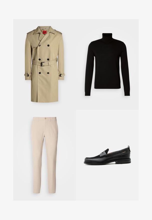 Μπεζ διπλόμπερτο παλτό trench coat με μαύρα κουμπιά, επωμίδες στους ώμους, ζώνη στη μέση και μανσέτες, εμφανίζεται σε λευκό φόντο.; Μαύρο πουλόβερ με λαιμόκοψη, κατασκευασμένο από ύφασμα ψηλής πλέξης, με μακριά μανίκια και εφαρμοστή γραμμή. Λείος υφασμάτινος ιστός με ριχτές μανσέτες.; Μπεζ παντελόνι κατασκευασμένο από μαλακό ύφασμα, με κουμπί κλεισίματος, ίσια γραμμή και πλαϊνές τσέπες. Λείο υλικό με ελάχιστες ραφές.; Μαύρος δερμάτινος λόφερ με γκρι λουράκι, χαμηλό τακούνι και υφασμένο πέλμα, με το λογότυπο "HUGO" σε χρυσό στο πλάι.
