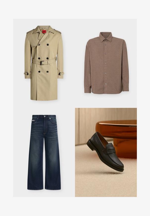 Trench-coat beige croisé avec boutons noirs, épaulettes, ceinture à la taille et aux poignets, présenté sur fond blanc.; Chemise marron à manches longues en tissu texturé, avec un devant à boutons, un col pointu et des boutons visibles le long de la patte de boutonnage.; Jean en denim bleu foncé à jambes larges avec poches avant, passants de ceinture, fermeture par boutons et légère décoloration sur les cuisses et les genoux.; Mocassin homme en cuir noir avec une bande sur le dessus, présenté sur un tapis beige près d'une table ronde moderne marron.