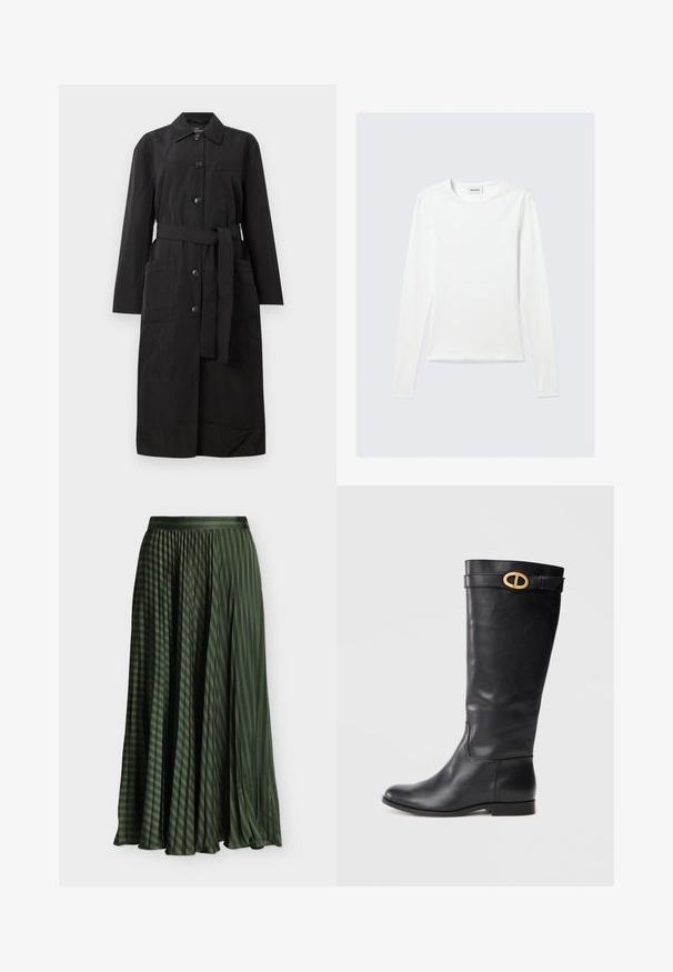 Manteau trench noir long ceinturé avec fermeture à boutons, deux grandes poches avant et une poche poitrine.; T-shirt blanc uni à manches longues avec col rond et coupe slim, présenté sur un fond gris clair.; Longue jupe plissée vert foncé avec des rayures noires diagonales et une ceinture, présentée sur un fond blanc.; Bottine en cuir noir hauteur genou avec un bout arrondi, semelle plate et une boucle décorative en ton doré au niveau du basin. Texture lisse avec un minimal de détails.
