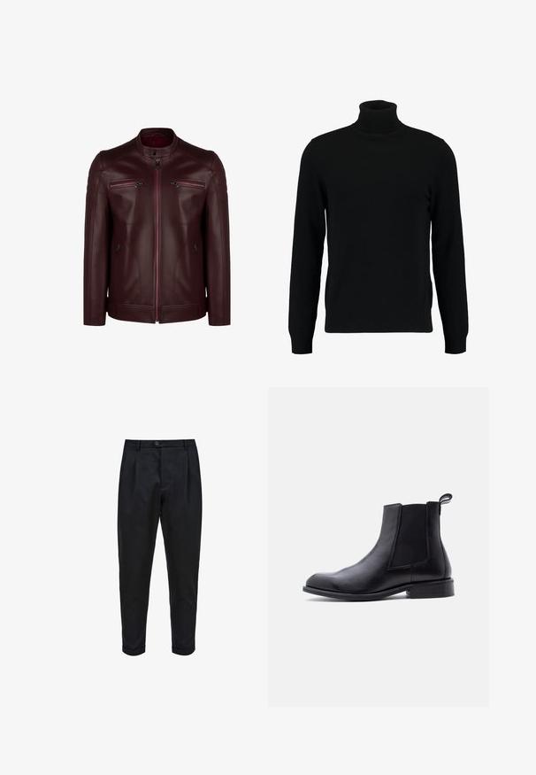 Veste en cuir bordeaux avec un col montant, détails matelassés aux épaules et deux poches poitrine zippées. Texture lisse et design ajusté.; Un pull à col roulé noir en matière tricotée douce. Il possède des manches longues, un col et un ourlet côtelés. Son design est simple et épuré, sans motifs.; Pantalons noirs en tissu lisse, avec un devant plissé, une coupe fuselée et des ourlets roulés. Fermeture par bouton simple à la taille.; Botte Chelsea en cuir noir avec panneau latéral élastique, languette de traction au talon, petit talon bloc et bout arrondi lisse sur fond blanc.