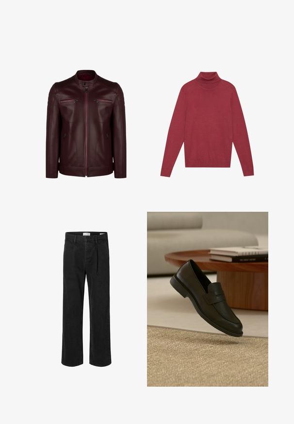 Veste en cuir bordeaux avec un col montant, détails matelassés aux épaules et deux poches poitrine zippées. Texture lisse et design ajusté.; Pull à col roulé rouge en maille douce. Dispose de longues manches et d'une coupe ajustée. Texture lisse sans motifs ni accessoires visibles.; Pantalons en denim noir à coupe droite, avec des plis à l'avant, une taille standard et un design épuré et minimal.; Chaussure mocassin en cuir noir présentée en suspension au-dessus d'un tapis beige tissé, avec une table en bois et des livres empilés dans un salon doucement éclairé.