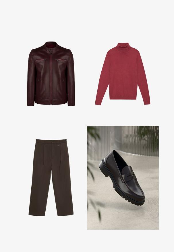 Veste en cuir bordeaux avec un col montant, détails matelassés aux épaules et deux poches poitrine zippées. Texture lisse et design ajusté.; Pull à col roulé rouge en maille douce. Dispose de longues manches et d'une coupe ajustée. Texture lisse sans motifs ni accessoires visibles.; Pantalon marron foncé à jambes larges avec passants pour ceinture, fermeture avant par bouton et zip, et un petit détail en anneau métallique près de la taille.; Mocassins en cuir marron avec une semelle en caoutchouc texturée et striée. Présente un design épuré et une sangle décorative sur le cou-de-pied.