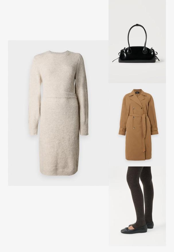 Manteau trench brun en tissu, avec un design à double boutonnage, un col cranté, des poches latérales et une ceinture nouée à la taille.; Robe en tricot beige à manches longues, col rond et finition texturée. Taille cintrée avec une bande d'accent, ourlet au genou.; Jambes portant des leggings côtelés foncés associés à des ballerines noires avec de petits détails en nœud sur fond blanc.; Petit sac à main noir brillant avec deux longues anses et des détails à cordon sur les côtés sur un fond clair uni.
