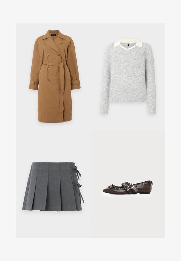 Brun trenchcoat lavet af stof, med en dobbeltradet design, skrå krave, sidelommer og et bælte der er bundet i taljen.; Lys grå strikket sweater med lange ærmer og detaljer med hvid V-halskrave, ribbet kant og manchetter, vist på hvid baggrund.; Grå plisseret mininederdel i et struktureret stof med bindelukning på den ene side og en glat linning for øget komfort.; Mørkebrune lædersko med flad sål og spids snude, dobbelt sølvsnørrebånd, metaløjer og dekorativ sløjfe foran.