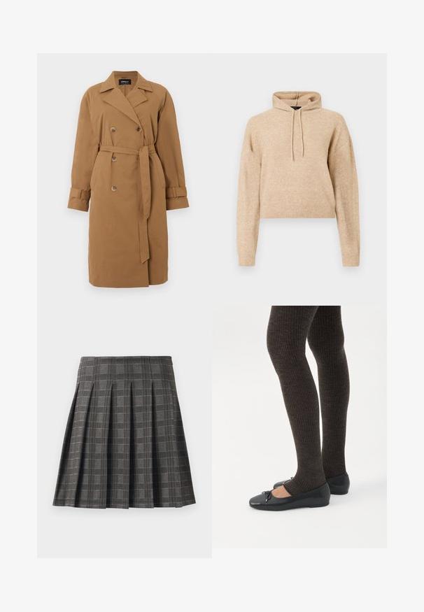 Brun trenchcoat lavet af stof, med en dobbeltradet design, skrå krave, sidelommer og et bælte der er bundet i taljen.; Beige cropped striktrøje med lange ærmer og snorhætte, præsenteret på en hvid baggrund.; Plisseret nederdel i et gråt ternet mønster, lavet af et tekstureret stof. Har lodrette pliser og en lige kant.; Ben iført mørke ribbede leggings kombineret med sorte balletsko med små sløjfedetaljer på hvid baggrund.
