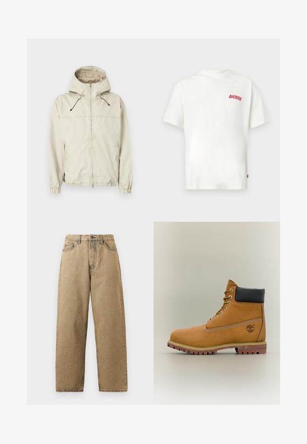 Helle beige Jacke mit Kapuze, Frontreißverschluss, elastischen Bündchen und zwei seitlichen Taschen. Verfügt über verstellbare Kordeln und eine glatte Textur.; Weißes Baumwoll-T-Shirt mit kurzen Ärmeln und einem kleinen roten "DICKIES"-Logo auf der linken Brust. Lässiger, entspannter Schnitt.; Beige Denim-Jeans mit geradem Bein, ausgestattet mit einem Reißverschluss, Gürtelschlaufen und kontrastierenden Nähten. Keine auffälligen Muster oder Hardware-Details.; Brauner Leder-Stiefelette mit schwarzem Kragen, gelben Schnürsenkeln und hellbrauner Sohle. Verfügt über ein Logo und weiße Ziernähe. Robuste Profilsohle.