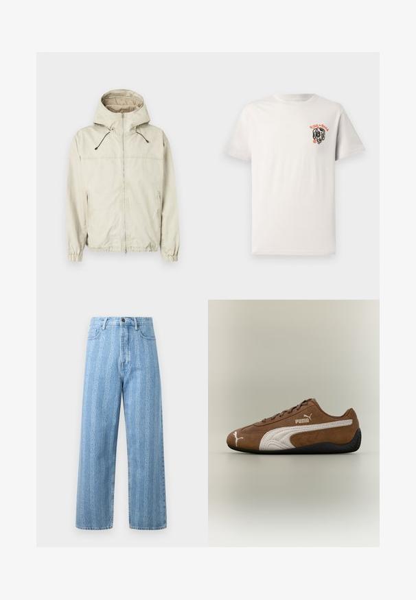 Lichtbeige jack met capuchon, voorriem, elastische manchetten en twee zijzakken. Voorzien van verstelbare trekkoorden en een gladde textuur.; Lichtbeige katoenen T-shirt met een ronde hals, korte mouwen en een zwart hondenafbeelding met de tekst "RIDE the RAILS" in oranje.; Lichtblauwe denim jeans met een wijd uitlopende pasvorm, voorzien van een herhalend kettingpatroon. Klassieke vijf-pocketstijl en metalen knoopdetail.; Bruine suède sneaker met witte accenten en een gestructureerd ontwerp. Heeft een zwarte rubberen zool en een opvallend Puma-logo aan de zijkant.