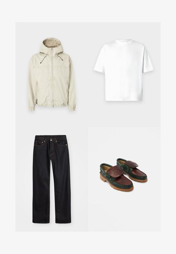 Lichtbeige jack met capuchon, voorriem, elastische manchetten en twee zijzakken. Voorzien van verstelbare trekkoorden en een gladde textuur.; Wit T-shirt met korte mouwen gemaakt van zacht katoen, voorzien van een ronde hals en een losse pasvorm zonder patronen of afbeeldingen. Soepele textuur.; Heren straight-leg zwarte denim jeans met vijf zakken en oranje stiksels, knoop- en ritssluiting op de voorkant van de tailleband.; Leren schoenen met een donkergroene body en een wijnrode bovenkant, een ronde neus, een beveiligde klep en een gestructureerde rubberen zool met groeven.