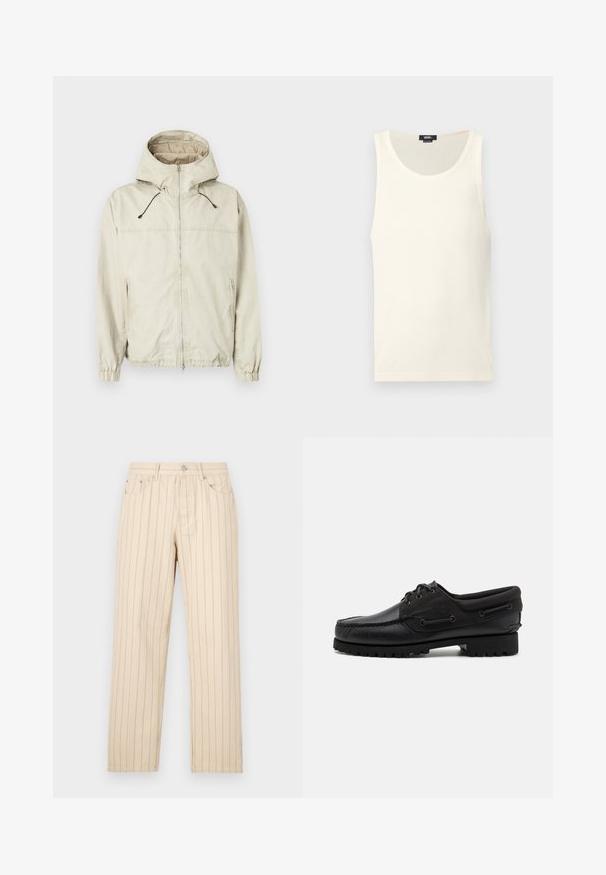 Lys beige jakke med hætte, frontlynlås, elastiske manchetter og to sidelommer. Har justerbare snore og en glat tekstur.; Hvid bomulds tanktop med ribbet tekstur, rund halsudskæring og uden ærmer. Har en lille logomærke nederst til venstre.; Beige lige ben bukser med lodrette striber, der har knaplukning, bælteløkker og sidelommer. Stoffet har en glat overflade.; Sort sko med overdel i læder, tekstilaccentuer, runde snørebånd og en tekstureret gummisål. Udstyret med mokkasinsyning og branddetalje.