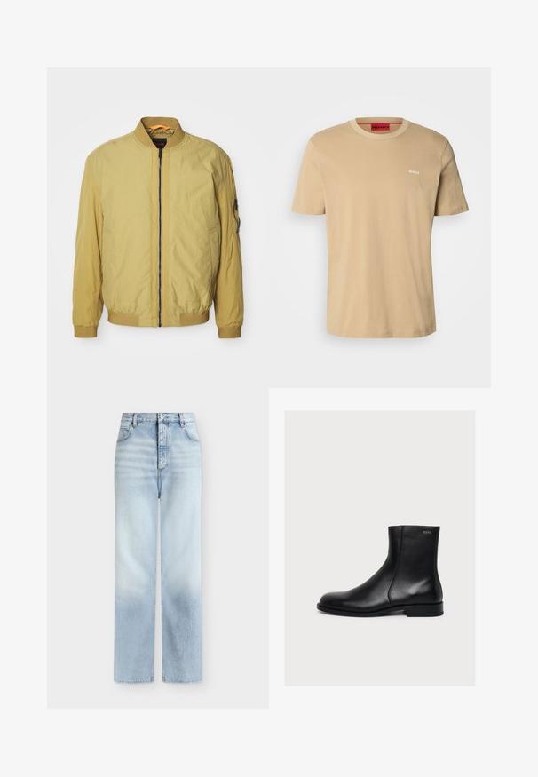 Geel bomberjack met een ritsluiting, ribbelkraag en -manchetten, zijzakken en een extra zak op de mouw. Soepele textuur.; Beige katoenen t-shirt met een ronde hals, korte mouwen en een klein wit "HUGO" logo op de borst. Een gladde textuur zonder patronen.; Lichtblauwe, hoog getailleerde, rechte jeans met voorzakken, riemlussen en een knoopsluiting.; Zwarte gladde lederen enkellaars met lage hak en zijrits, gelabeld Hugo vlak bij de bovenrand.