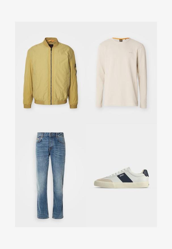 Veste aviateur jaune avec fermeture éclair, col et poignets côtelés, poches latérales et une poche supplémentaire sur la manche. Texture lisse.; T-shirt beige clair à manches longues en tissu texturé. Présente un col ras du cou et un petit logo sur la poitrine avec un accent orange à l'intérieur du col.; Jean en denim bleu clair avec des jambes droites, cinq poches, des coutures contrastantes et une finition délavée. Dispose d'un bouton et d'un zip pour le maintien.; Baskets basses blanches avec bout beige, bande latérale bleu marine marquée BOSS, lacets blancs et semelle en caoutchouc sur fond neutre.