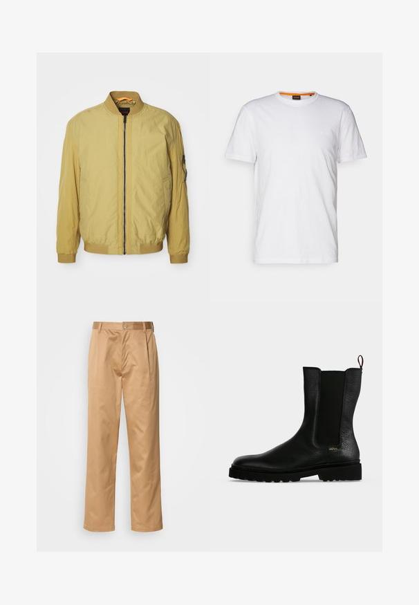 Veste aviateur jaune avec fermeture éclair, col et poignets côtelés, poches latérales et une poche supplémentaire sur la manche. Texture lisse.; T-shirt en coton blanc avec un col rond, des manches courtes et un logo en relief subtil sur la poitrine. L'étiquette intérieure a une touche d'orange.; Pantalons khaki, en mélange de coton, coupe droite, plis avant, passants de ceinture et fermeture à bouton. Texture lisse sans motifs.; Bottine en cuir noir avec un panneau latéral élastique, une semelle épaisse et une languette à l’arrière, featuring un petit logo doré "Hugo" près du talon.