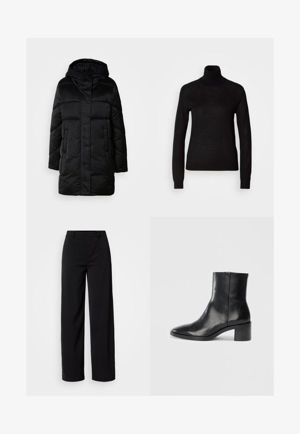 Schwarze, puffige Jacke mit Kapuze, mit einem Reißverschluss vorne, zwei seitlichen Taschen und einem gesteppten Design. Glatte Textur und mittellange Silhouette.; Schwarzer Rollkragenpullover aus leichtem Strickmaterial. Mit langen Ärmeln und einer figurbetonten Silhouette mit Raglanärmeln.; Schwarze, weit geschnittene Hose aus glattem Stoff, mit einem klassischen Bund und einer taillierten Silhouette sowie frontseitigen Taschen.; Schwarze Leder-Ankle-Boots mit spitzer Zehe, niedrigem Blockabsatz und dezentem, geprägtem Logo. Glatte Oberfläche mit einem eleganten Design und minimalen Nähten.