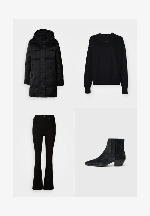 Schwarze, puffige Jacke mit Kapuze, mit einem Reißverschluss vorne, zwei seitlichen Taschen und einem gesteppten Design. Glatte Textur und mittellange Silhouette.; Schwarzes Sweatshirt aus Baumwollmischung, mit langen Ärmeln, einem runden Halsausschnitt und einem dezenten Logo in der Mitte. Boxy-Schnitt mit gerippten Bündchen.; Schwarze, aus Denim gefertigte Schlagjeans mit hoher Taille, vorderen Taschen und einem klassischen Fünf-Taschen-Design mit Metallakzenten.; Schwarze Knöchelstiefel mit spitzem Zehen, strukturiertem haarähnlichem Material, geripptem Seitenpaneel und niedrigem Blockabsatz. Schlichtes und modernes Design.