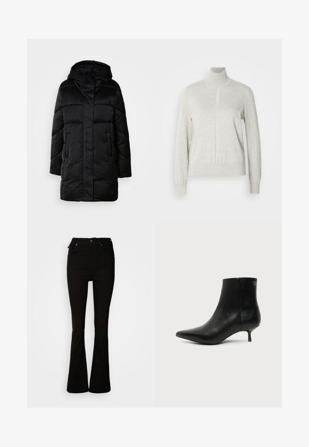 Abrigo negro acolchado con capucha, presenta un cierre frontal con cremallera, dos bolsillos laterales y un diseño acolchado. Textura suave y silueta de longitud media.; Suéter gris claro con un cuello alto y cremallera de un cuarto. Fabricado con un material suave y texturizado, cuenta con mangas largas y un dobladillo ajustado.; Jeans acampanados negros de denim, con una cintura alta, bolsillos frontales y un diseño clásico de cinco bolsillos con acentos de metal.; Botín de piel negra con puntera puntiaguda y tacón bajo estilo kitten sobre fondo claro, mostrando vista lateral exterior.