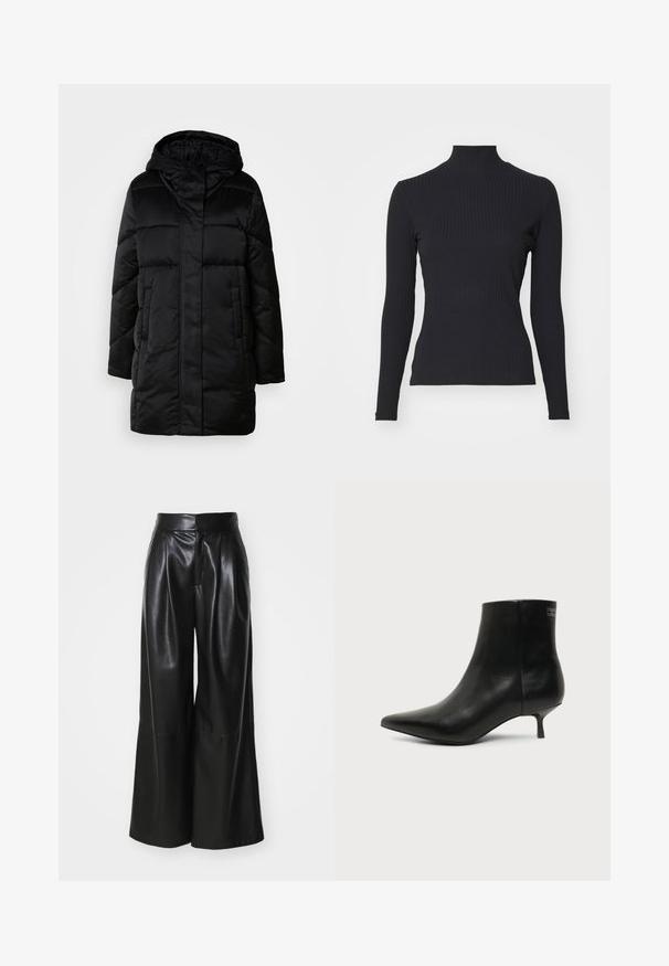 Schwarze, puffige Jacke mit Kapuze, mit einem Reißverschluss vorne, zwei seitlichen Taschen und einem gesteppten Design. Glatte Textur und mittellange Silhouette.; Schwarzes, geripptes Rollkragenoberteil mit langen Ärmeln. Aus dehnbarem Stoff mit figurbetonter Passform und hohem Kragen. Einfaches Design ohne Verzierungen.; Schwarze Kunstleder-Hosen mit weit geschnittenem Bein, hoher Taille, plissierter Vorderseite und glatter Textur. Verfügt über ein sauberes, minimalistisches Design.; Schwarzer Leder-Knöchel-Stiefel mit spitzer Spitze und niedrigem Kittenabsatz vor hellem Hintergrund, seitliche Ansicht.