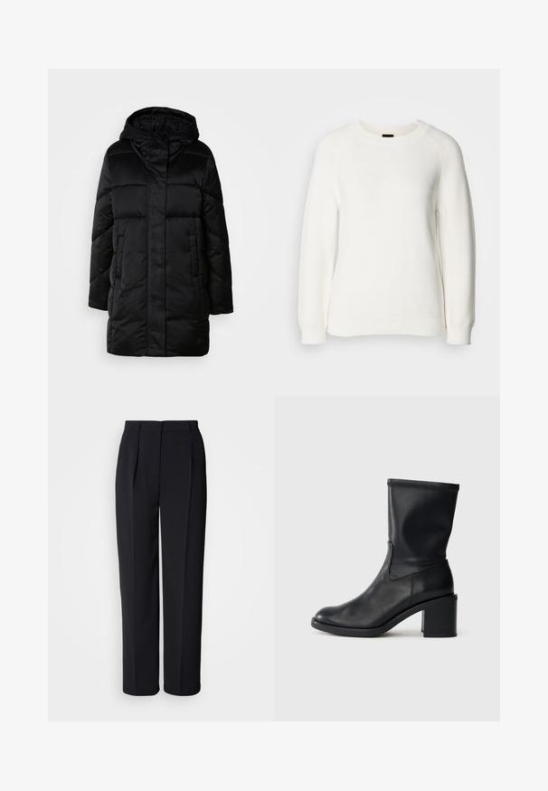 Schwarze, puffige Jacke mit Kapuze, mit einem Reißverschluss vorne, zwei seitlichen Taschen und einem gesteppten Design. Glatte Textur und mittellange Silhouette.; Weißer Strickpullover mit langen Ärmeln, Rundhalsausschnitt sowie gerippten Bündchen und Saum, vor einem schlichten hellen Hintergrund dargestellt.; Schwarze, maßgeschneiderte Hose mit geradem Bein, vorderen Falten, Gürtelschlaufen und verdecktem Frontverschluss vor weißem Hintergrund.; Schwarze Leder-Ankle Boots mit runder Zehenform, glatter Oberfläche und dicker Absatz, ausgestattet mit einem eng anliegenden Schaft und subtilen Nähten.