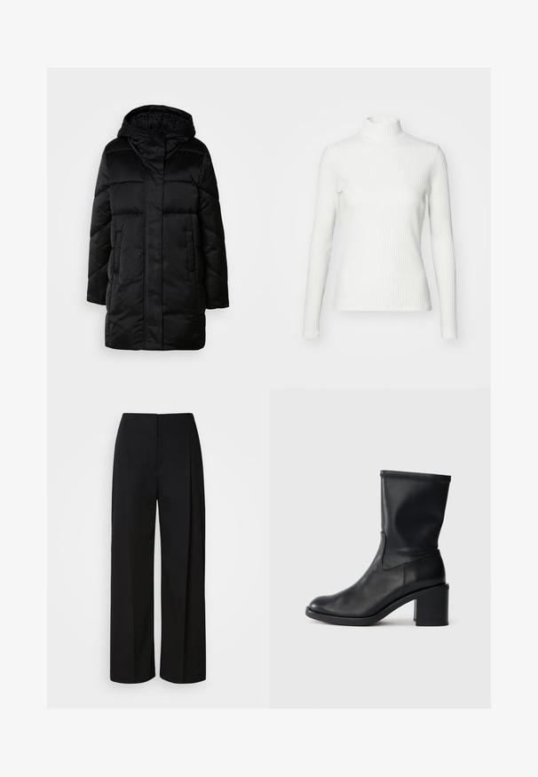 Schwarze, puffige Jacke mit Kapuze, mit einem Reißverschluss vorne, zwei seitlichen Taschen und einem gesteppten Design. Glatte Textur und mittellange Silhouette.; Weißes geripptes Turtleneck-Oberteil mit langen Ärmeln, aus elastischem Stoff. Verfügt über ein enganliegendes Design und einen hohen Kragen für zusätzlichen Schutz.; Schwarze, hoch taillierte, weit geschnittene Hosen mit einer verdeckten Vorderseite, maßgeschneiderten Nähten und einem glatten, strukturierten Stoff.; Schwarze Leder-Ankle Boots mit runder Zehenform, glatter Oberfläche und dicker Absatz, ausgestattet mit einem eng anliegenden Schaft und subtilen Nähten.