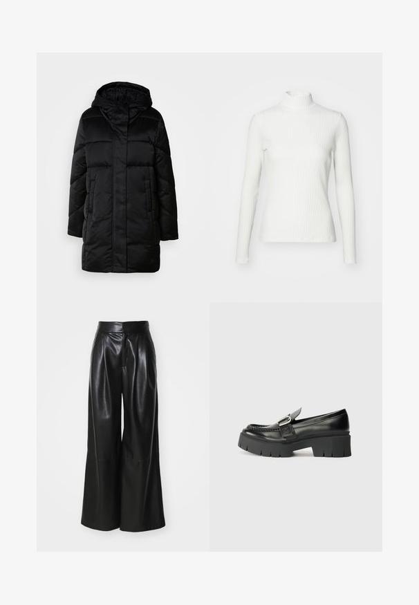 Schwarze, puffige Jacke mit Kapuze, mit einem Reißverschluss vorne, zwei seitlichen Taschen und einem gesteppten Design. Glatte Textur und mittellange Silhouette.; Weißes geripptes Turtleneck-Oberteil mit langen Ärmeln, aus elastischem Stoff. Verfügt über ein enganliegendes Design und einen hohen Kragen für zusätzlichen Schutz.; Schwarze Kunstleder-Hosen mit weit geschnittenem Bein, hoher Taille, plissierter Vorderseite und glatter Textur. Verfügt über ein sauberes, minimalistisches Design.; Schwarze Leder-Lederschuhe mit dicker Gummisohle. Merkmale einen Schnallenakzent und gestickte Details entlang des Obermaterials. Flacher Absatz.
