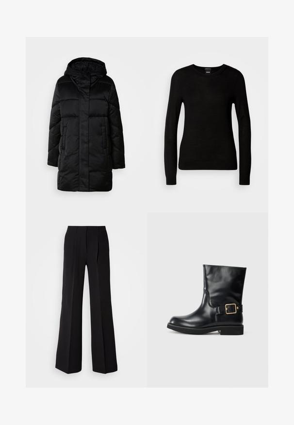 Abrigo negro acolchado con capucha, presenta un cierre frontal con cremallera, dos bolsillos laterales y un diseño acolchado. Textura suave y silueta de longitud media.; Suéter negro confeccionado en un material de punto fino, con cuello redondo y mangas largas con puños ajustados. Sin patrones ni adornos visibles.; Pantalones negros de tejido suave, con cintura alta, silueta de pierna ancha y dos pliegues frontales para añadir detalle de diseño.; Botín negro de cuero hasta el tobillo con un acabado suave, punta curva y un acento de hebilla dorada en una correa de cuero, montado sobre una suela plana de goma.