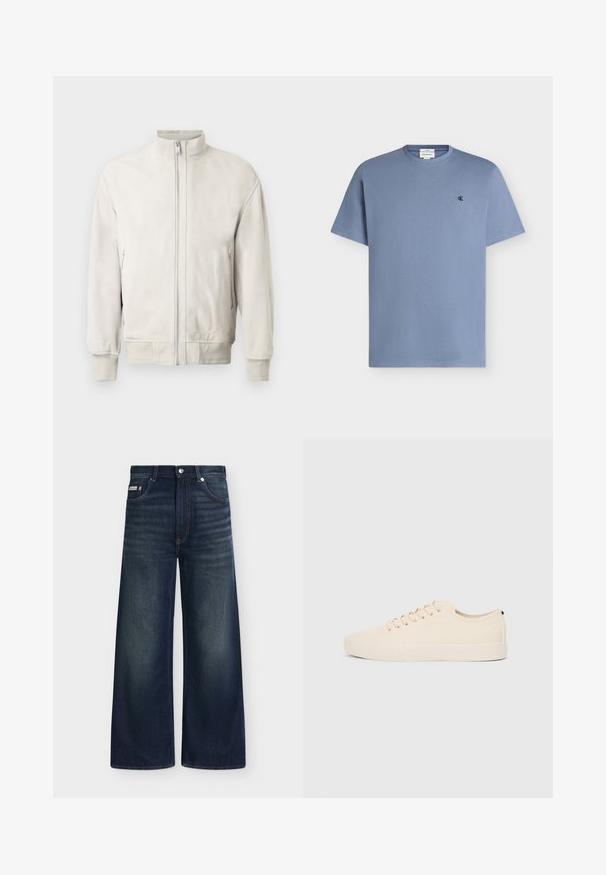 Veste bomber en cuir gris clair avec col montant, fermeture éclair et poignets côtelés. Comprend deux poches latérales zippées. Texture lisse.; T-shirt en coton bleu clair à manches courtes, col rond et petit logo noir "cK" sur la poitrine gauche.; Jean en denim bleu foncé à jambes larges avec poches avant, passants de ceinture, fermeture par boutons et légère décoloration sur les cuisses et les genoux.; Baskets en toile beige avec bout arrondi, semelle en caoutchouc plate et lacets à l'avant. Présente un design minimaliste et un accent noir contrastant au niveau du talon.