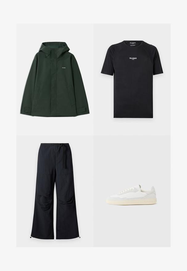 Grøn vandtæt jakke med hætte, som har en frontlynlås, to sidelommer og et lille logo på brystet. Glat tekstur.; Sort kortærmet t-shirt lavet af glat stof, med rund hals og et hvidt "SILENCE" logo på brystet.; Sorte bukser med vide ben lavet af letvægtstof. Har bælte, to store sidelommer og justerbare kanter med snorlås.; Hvid sneakers med en øvre del i tekstureret ruskind og læder. Har rundet tå, snørelukning og kontrasterende beige gummisål.