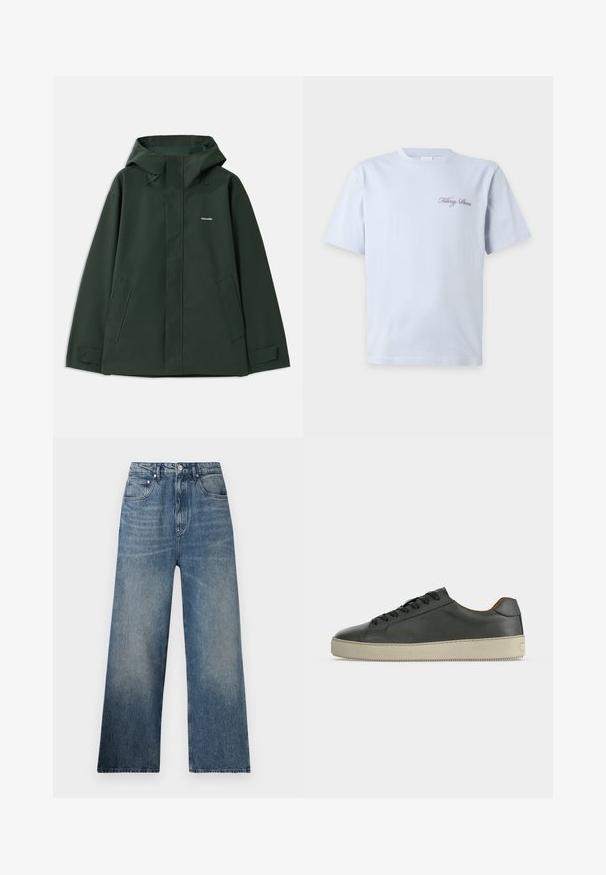 Grüne wasserdichte Jacke mit Kapuze, ausgestattet mit einem Frontreißverschluss, zwei Seitentaschen und einem kleinen Logo auf der Brust. Glatte Textur.; Hellblaues T-Shirt mit kurzen Ärmeln, rundem Ausschnitt und kleinem kursivem Text "Filling Pieces" auf der linken Brust.; Blaue Denim-Hosen mit weitem Bein und hohem Bund, mit subtilen Verfärbungen, fünf Taschen und einem Metallknopfverschluss vorne.; Schwarzer Low-Top-Lederschuh mit schwarzen Schnürsenkeln und cremeweißer Gummisohle, von der Außenseite vor weißem Hintergrund gesehen.