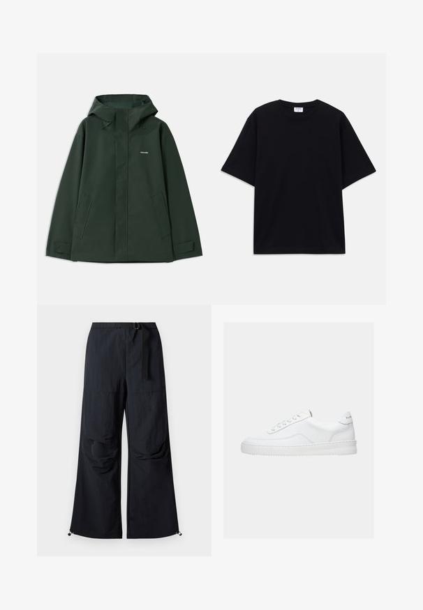 Chaqueta impermeable verde con capucha, que cuenta con un cierre frontal, dos bolsillos laterales y un pequeño logo en el pecho. Textura suave.; Camiseta oversized de manga corta en negro con escote redondo y etiqueta de la marca Filippa K visible en el interior del cuello.; Pantalones negros de pierna ancha hechos de tela ligera. Cuentan con un cinturón, dos grandes bolsillos laterales y dobladillos ajustables con cierres de cordón.; Zapatilla deportiva blanca de corte bajo con diseño con cordones, parte superior de cuero liso y suela gruesa, vista de lado sobre un fondo liso.