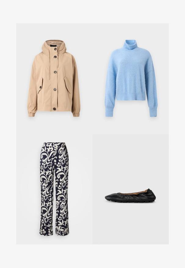 Veste beige à capuche avec une coupe décontractée. Dispose de quatre poches avant, de fermetures à boutons et de poignets élastiques. Tissu lisse avec une finition mate.; Pull col roulé court bleu clair en tissu doux et texturé, avec des manches longues et des poignets côtelés pour une touche de détail.; Pantalons larges bleu marine avec un motif floral blanc, à tissu lisse, taille haute et silhouette évasée.; Ballerines en cuir noir avec des détails froncés au col, bout rond et semelle en caoutchouc flexible. Texture lisse dans l'ensemble.