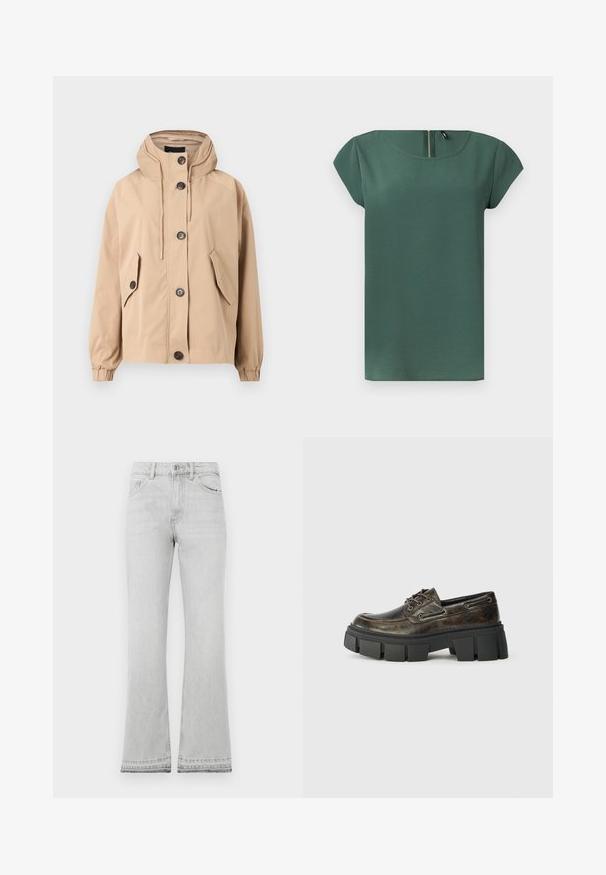 Veste beige à capuche avec une coupe décontractée. Dispose de quatre poches avant, de fermetures à boutons et de poignets élastiques. Tissu lisse avec une finition mate.; Blouse vert foncé à manches courtes avec encolure ronde et fermeture éclair au dos, présentée à plat sur fond blanc.; Jean évasés gris clair à taille haute, dotés de poches, d'une fermeture à boutons et d'un ourlet brut. Fabriqué en tissu en denim avec une texture lisse.; Chaussure en cuir marron foncé à lacets avec une épaisse semelle noire chunky, surface texturée, et couture mocassin sur fond lisse.