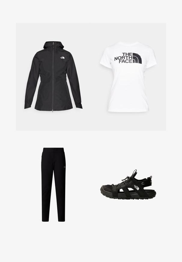 Veste noire imperméable avec fermeture éclair à l'avant, capuche ajustable et taille cintrée. Comprend un petit logo blanc sur la poitrine.; T-shirt en coton blanc avec un imprimé graphique noir du logo "THE NORTH FACE" sur le devant. Manches courtes et col rond.; The North Face W QUEST SOFTSHELL PANTS - Pantalon classique - tnf black; Sandales d'extérieur noires avec dessus en mesh, sangles ajustables et semelle robuste. Comprend un cordon de traction et un logo sur le côté pour un maintien sécurisé.