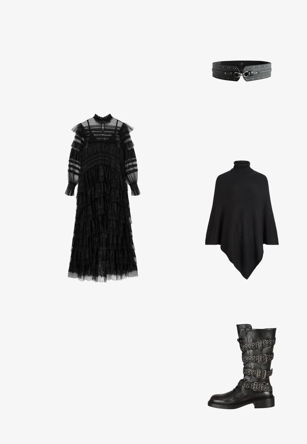 Poncho de punto negro con un alto cuello de tortuga, con un diseño triangular y un acabado suave y texturizado.; Vestido negro de encaje transparente con volantes. Presenta un escote alto, mangas largas, capas con volantes y acentos a rayas. Clásico, de longitud hasta el suelo.; Bota de cuero negro hasta la rodilla con múltiples hebillas y ojetes plateados, con punta redonda y un tacón bajo en bloque. Acabado texturizado.; Cinturón ancho de cuero negro con tachuelas plateadas y un cierre central de broche metálico sobre fondo blanco.