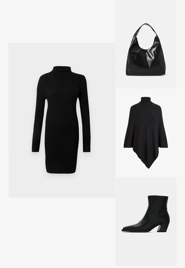 Poncho de punto negro con un alto cuello de tortuga, con un diseño triangular y un acabado suave y texturizado.; Vestido suéter de punto trenzado negro de manga larga con cuello alto, con puños y dobladillo acanalados sobre un fondo blanco liso.; Bota de tobillo de cuero negro con punta afilada, una silueta elegante y un tacón cuadrado grueso. Textura suave con detalles de costura mínimos.; Bolso hobo de cuero negro con una textura suave y brillante y un diseño de parte superior redondeada y abierta. Cuenta con una amplia correa curvada para llevar. Sin hardware visible.