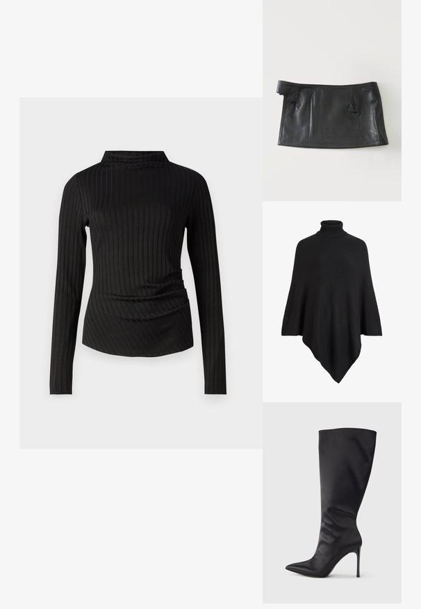 Čierny pletený pončo s vysokým rolákom, tvarované do trojuholníkového dizajnu s mäkkým, textúrovaným povrchom.; Good American VICTORIAN FUNNEL NECK - Top s dlhým rukávom - black; Čierna vysoká členková čižma na ihličkovom opätku z hladkého, lesklého materiálu; špicatá špička; priliehavý strih s jemným nariasením pri členku; lesklý opätok.; Čierna kožená minisukňa s asymetrickým detailom pásu na bielom pozadí.
