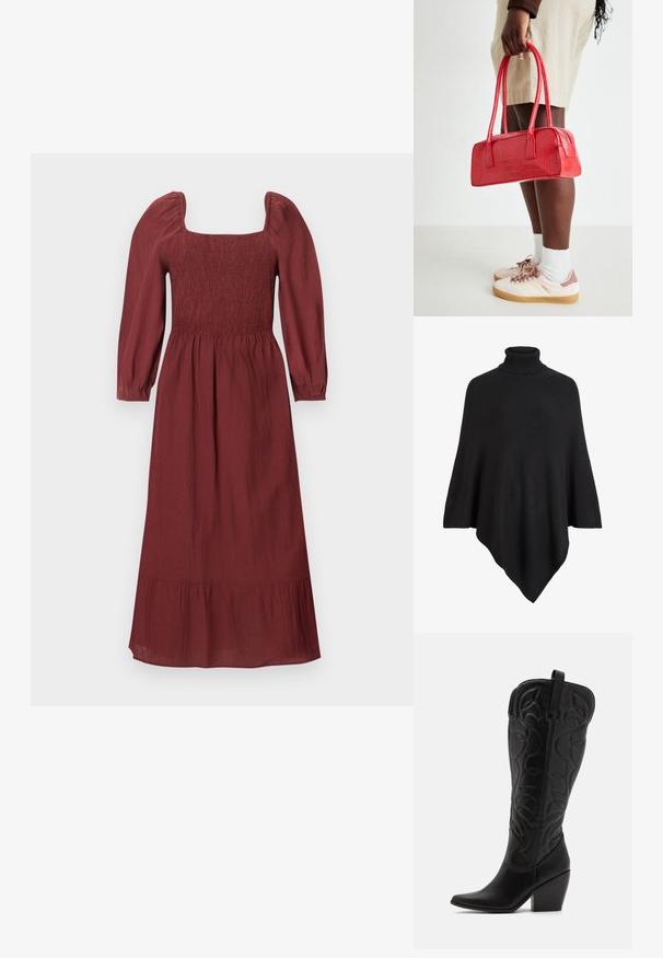 Zwarte gebreide poncho met hoge col, gevormd in een driehoekig ontwerp met een zachte, textuur aan de afwerking.; Bordeaux midi-jurk met geplooide lange mouwen, vierkante halslijn, gerimpeld lijfje, gerimpelde taille en gerimpelde zoom.; Zwarte leren kniehoge laarzen met puntige neus en gestapelde hak. Voorzien van decoratief stiksel en gebogen designelementen.; Rode handtas met krokodillenmotief, twee handvatten en een ritssluiting. Rechthoekige vorm, gladde textuur en glanzende afwerking.