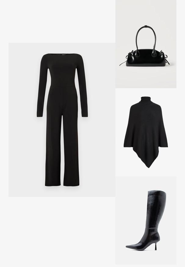 Poncho noir en tricot avec un col haut, conçu en forme triangulaire avec une finition douce et texturée.; Combinaison noire à manches longues et jambes larges, avec une taille cintrée et un col bateau, présentée sur un fond clair uni.; Bottes noires à talons aiguilles montantes, avec une finition en cuir brillant, un bout pointu et un talon effilé, présentant une surface lisse et un design élégant.; Petit sac à main noir brillant avec deux longues anses et des détails à cordon sur les côtés sur un fond clair uni.