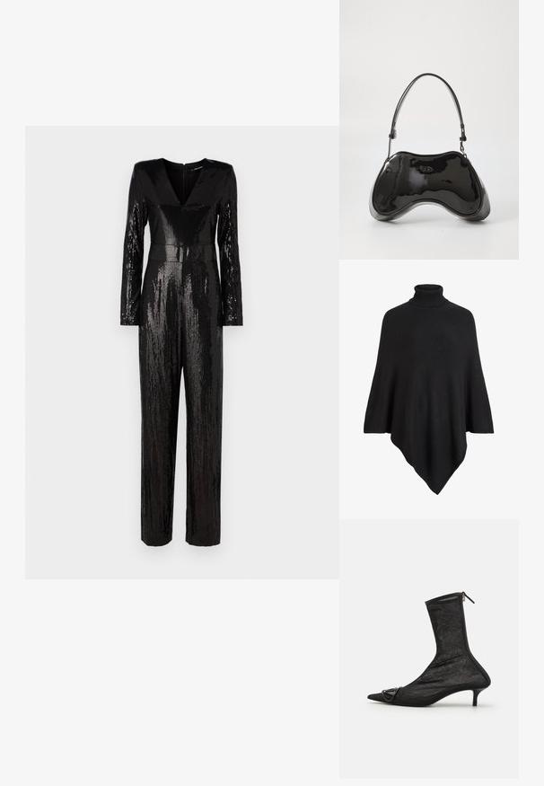 Sort strikket poncho med høj turtleneck, formet i et trekantet design med en blød, tekstureret finish.; Sort paillet jumpsuit med lange ærmer, V-hals og tætsiddende talje, med lige ben og en glat tekstur.; Sorte mesh ankelstøvler med spidse tæer, lynlås og en lille hæl. Har en dekorativ spændeaccent nær tåområdet.; Sort patentlæder håndtaske med en unik buet form, kort justerbar hank og en lynlåslukning i toppen. Glat tekstur med diskret branding.