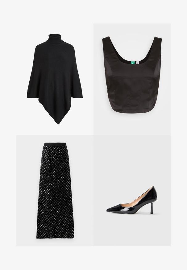 Must mustriltud ponžo musta värvi, millel on kõrge salli kaelus, kujundatud kolmnurkse disainiga ja pehme, tekstuuriga viimistlusega.; SOMETHINGNEW SNROSALIND CORSAGE - Pluus - black; Must mustriba mustamööda, kaunistatud teemantist sädelevate detailidega, siledate vöökohtade ja sirge siluetiga.; Mustvalge läikivast nahast terava ninaga kõrge kontsaga king, millel on peen keskmise kõrgusega stilletokonts valgel taustal.